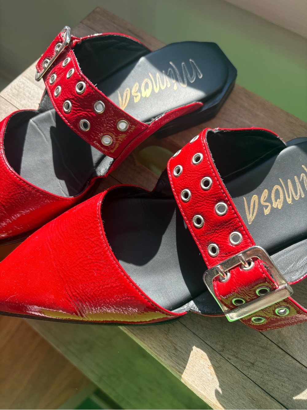 Patent Red Pointed Mule with Buckle Strap